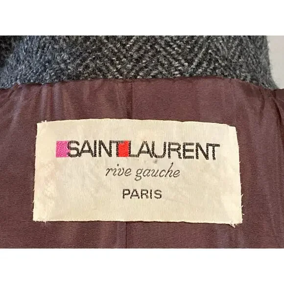 Vtg Saint Laurent Rive Gauche Gray Wool Herringbone Double Breasted Overcoat S